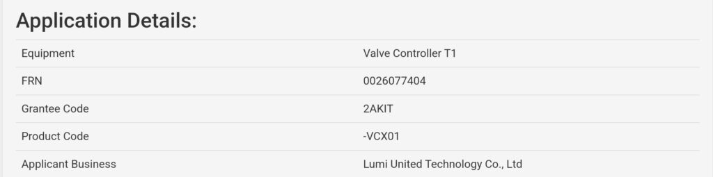 På FCC ansøgningen er beskrivelsen på enheden "Valve controller T1". Lumi United Technology er Aqaras moderselskab.